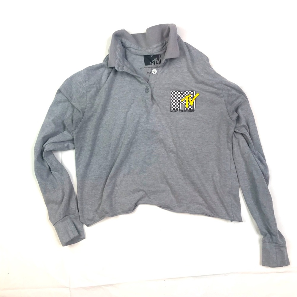 MTV Gray Logo Crop Womens Polo Blouse T-Shirt Size S Collared 2018 A031121